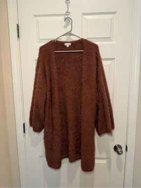 Prima Fuzzy Open-Front Cardigan Sweater in Rust